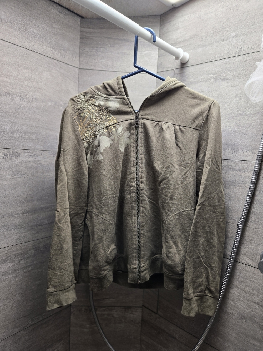 Olive Green Hooded Zip Bomber Jacket with Floral Accent